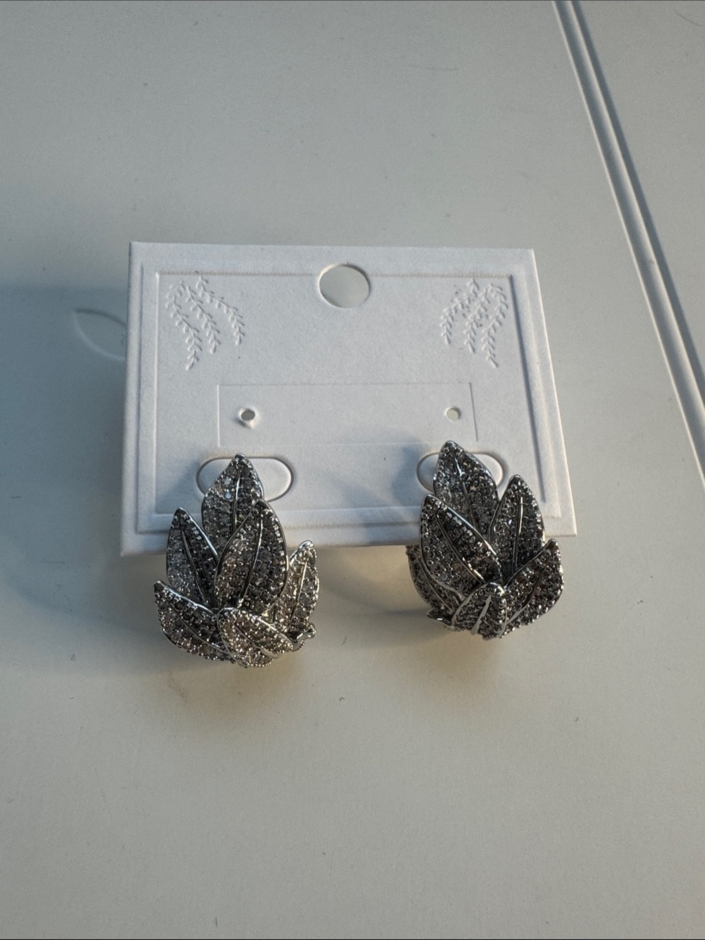 Pave Crystal Leaf Cluster Stud Earrings - Silver Tone